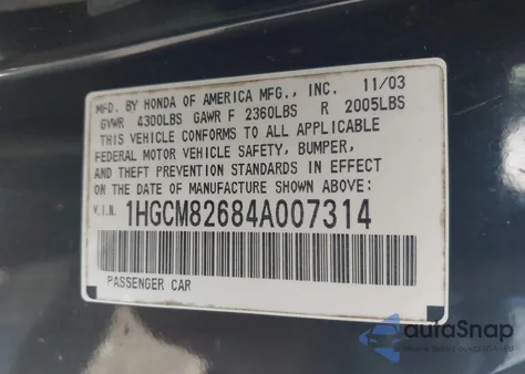 2004 Honda Accord 3.0 Ex from USA, damaged, VIN 1HGCM82684A007314